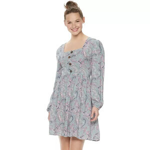 Juniors' Mudd® Long Sleeve Squareneck Blue Pink Paisley  Print Dress Small
